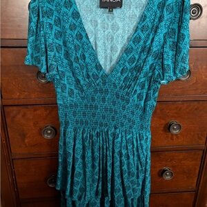 🌻 EUC Tanoa size small Teal Patterned Midi Dress with elastic waist